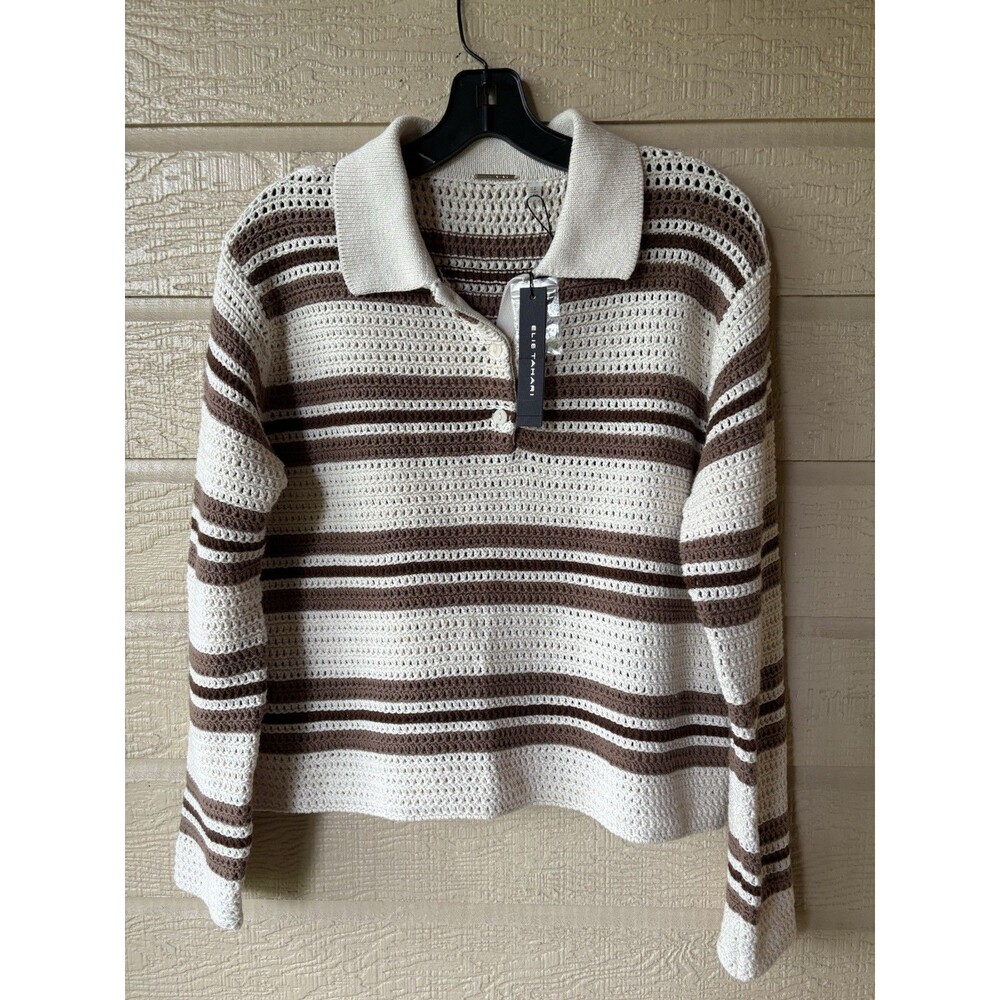 Elie Tahari women Beige Almond Striped Crochet Knit Polo Sweater sze Medium $285 - Picture 4 of 8